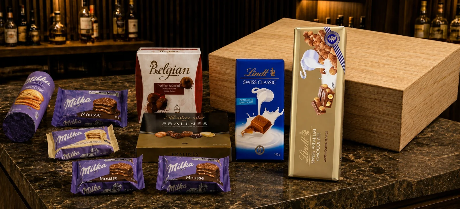 Caixa de Madeira com Seleção de Chocolates Finos Milka, Lindt e The Belgian 3,5kg
