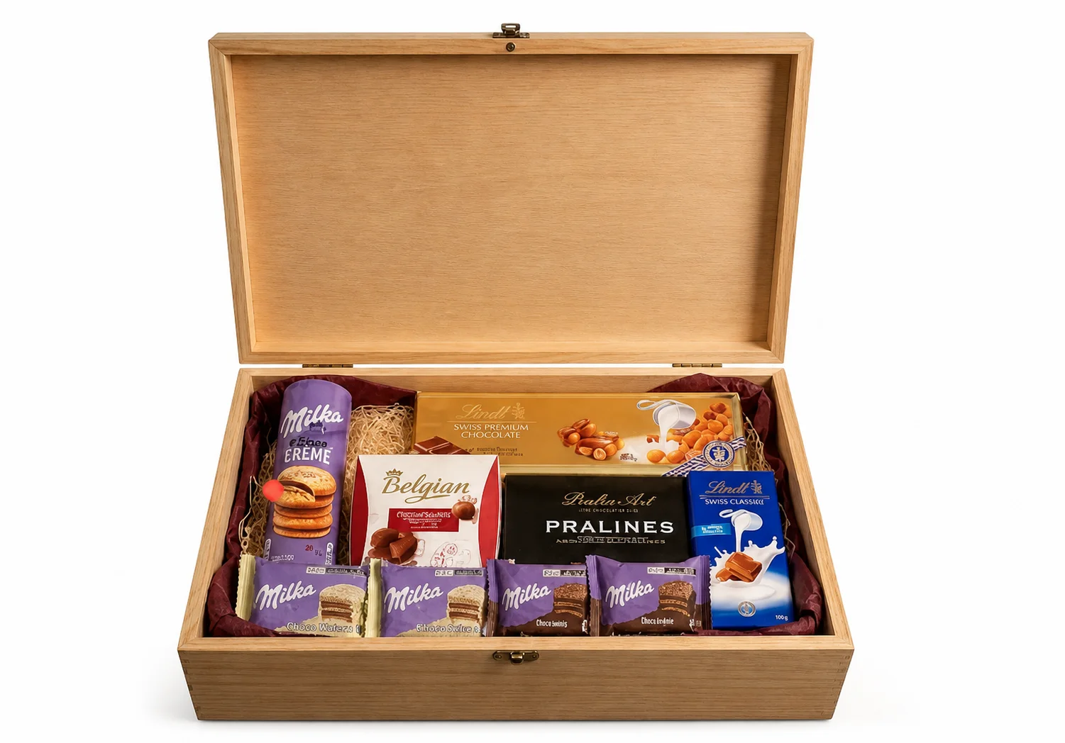 Caixa de Madeira com Seleção de Chocolates Finos Milka, Lindt e The Belgian 3,5kg