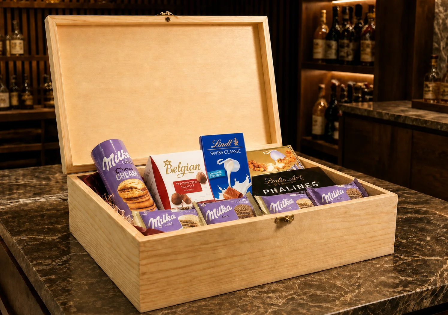 Caixa de Madeira com Seleção de Chocolates Finos Milka, Lindt e The Belgian 3,5kg