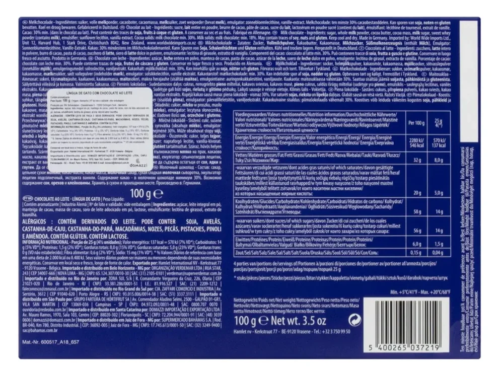 Chocolate Belga Língua de Gato ao Leite Cupido 100g - Importado da Bélgica